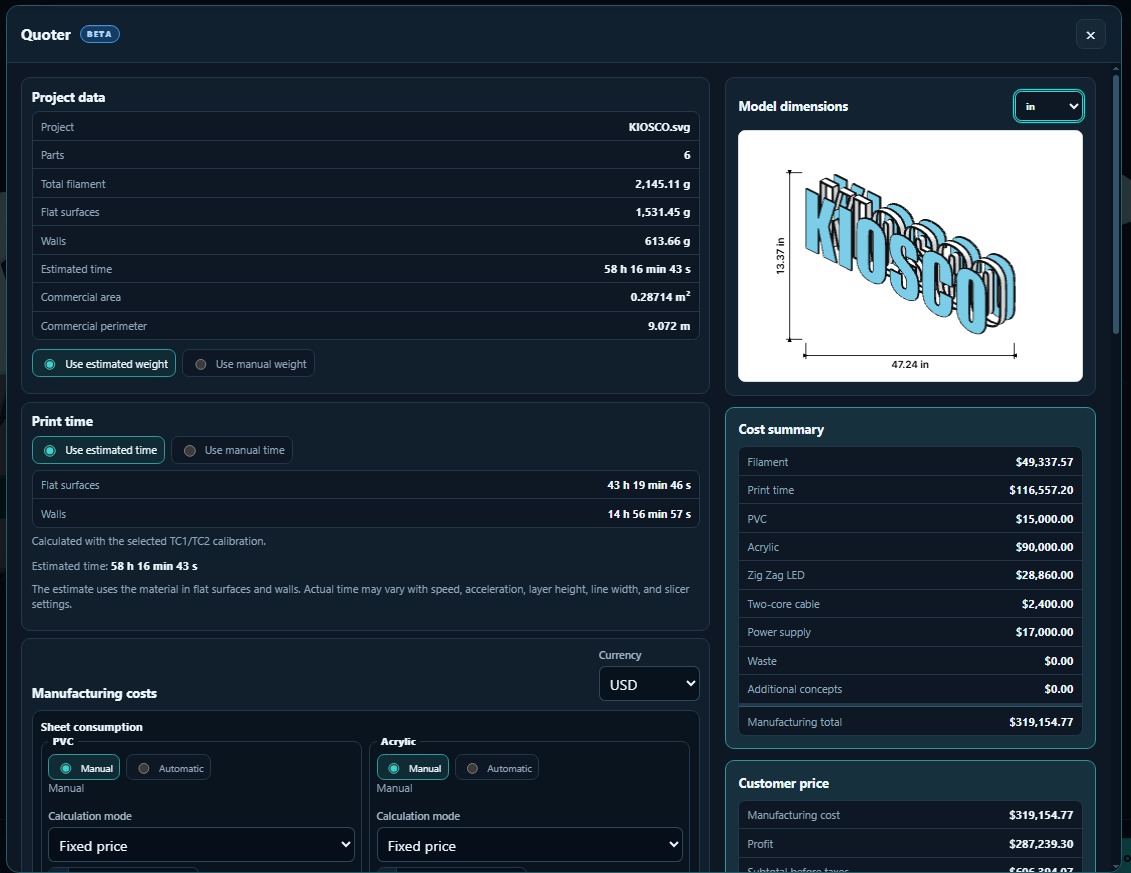 PROLED3D project Quoter with manufacturing cost summary